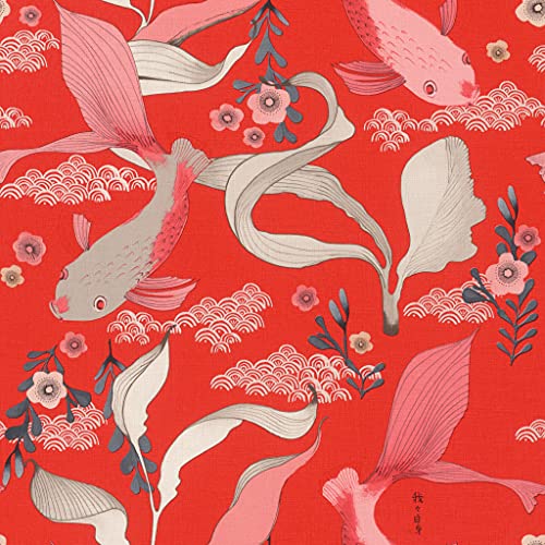 Rasch Tapeten 539844 - Vliestapete mit Koi-Karpfen in Rosé und Pflanzen in Grau auf rotem Hintergrund mit leichter, textiler Struktur aus der Kollektion Amazing – 10,05m x 53cm (LxB) von Rasch