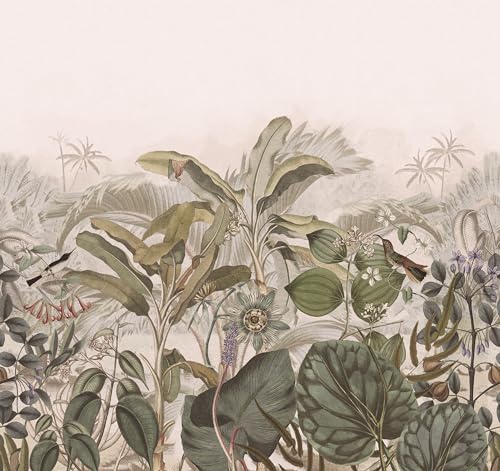 Rasch Tapete 543698 - Fototapete auf Vlies mit Blättern, Blüten und Vögeln in Grün und Beige aus der Kollektion Curiosity - 2,65 m x 2,65 m (LxB) von Rasch