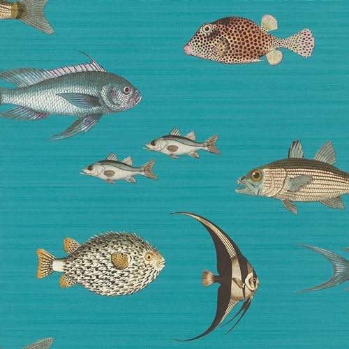 Rasch Tapete 553536 - Vliestapete in Türkis mit Textiltopik und mit bunten Fischen - 10,05m x 0,53m (LxB) von Rasch