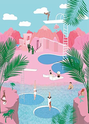Rasch Tapete 557596 - Fototapete auf Vlies mit illustrierter Pool Szene im Retro-Stil in Pink und Türkis - Studio Onszelf - 2,80m x 2,00m (LxB) von Rasch