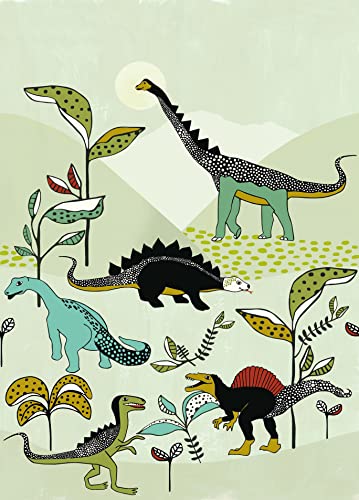 Rasch Tapete 557695 - Bunte Fototapete für Kinder mit Dinosauriern auf grünem Hintergrund - Onszelf Stories - 280cm x 200cm (LxB) von Rasch
