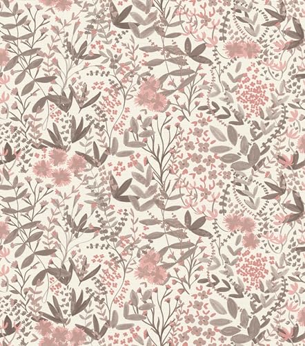 Rasch Tapete 580761 - Helle Vliestapete mit Blättern und Blumen in Rosa und hellem Taupe aus der Kollektion Country Charme von Rasch