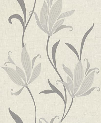 Rasch Tapete 611823 - Cremeweiße Tapete mit Blumen und Ranken in Grau von Rasch