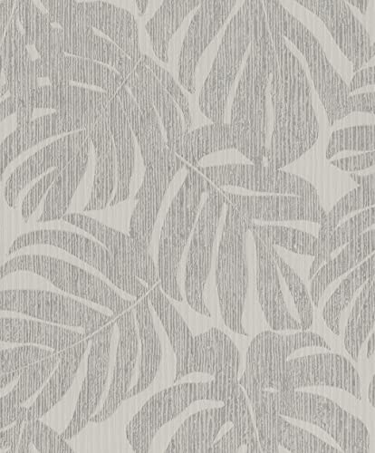 Rasch Tapete 653137 - Graue Vliestapete mit Palmenblättern, Blätter, Pflanzen-Muster von Rasch
