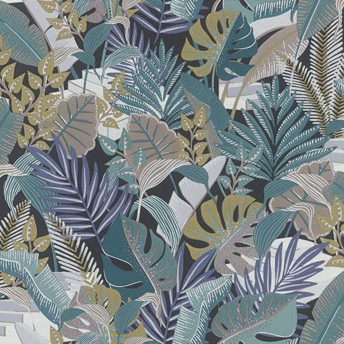 Rasch Tapete 687828 - Vliestapete mit bunten Palmenblättern in Blau und Grün, Dschungeltapete aus der Kollektion Tropical House von Rasch