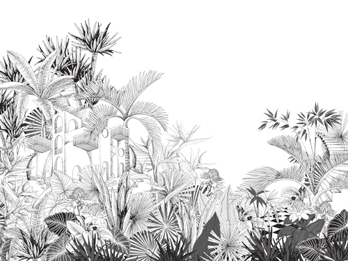 Rasch Tapete 688153 - Fototapete auf Vlies mit tropischem Motiv in Schwarz Weiß auf weißem Hintergrund, Dschungeltapete - 3m x 4m von Rasch