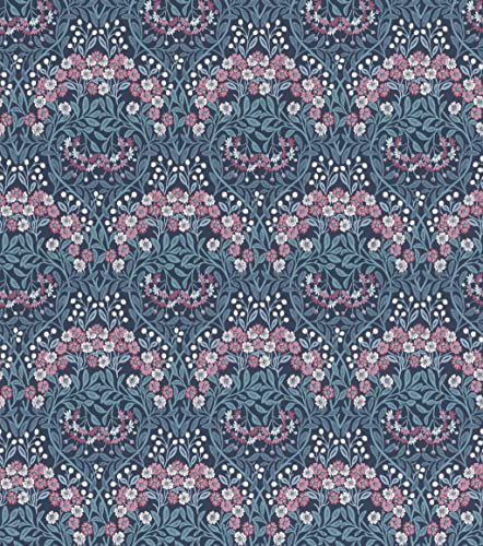 Rasch Tapete 710038 - Dunkelblaue Vliestapete mit Blättern in Hellblau und Blumen in Rosa und Weiß aus der Kollektion Sophia - 10,05m x 0,53m (LxB) von Rasch