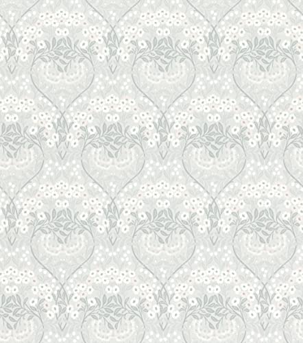 Rasch Tapete 710069 - Vliestapete mit Blättern in blassem Blau-Grau und Blumen in Rosa und Weiß aus der Kollektion Sophia - 10,05m x 0,53m (LxB) von Rasch