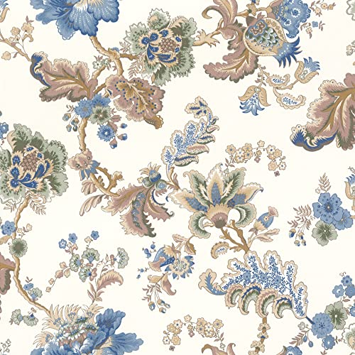 Rasch Tapete 710540 - Weiße Vliestapete mit großen Blumen in Grün, Beige und Blau aus der Kollektion Sophia - 10,05m x 0,53m (LxB) von Rasch