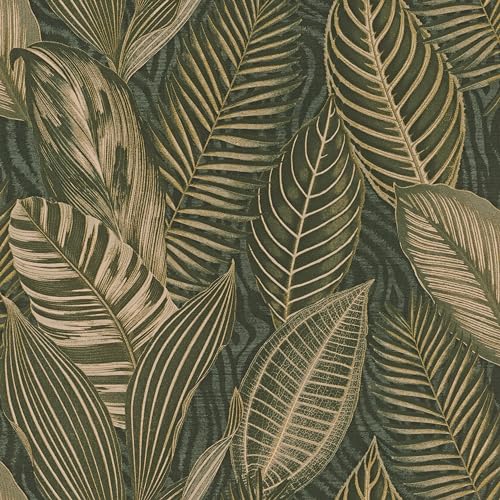 Rasch Tapete 751826 - Grüne Vliestapete mit großen Blättern in Grün und Gold Metallic aus der Kollektion African Queen III von Rasch