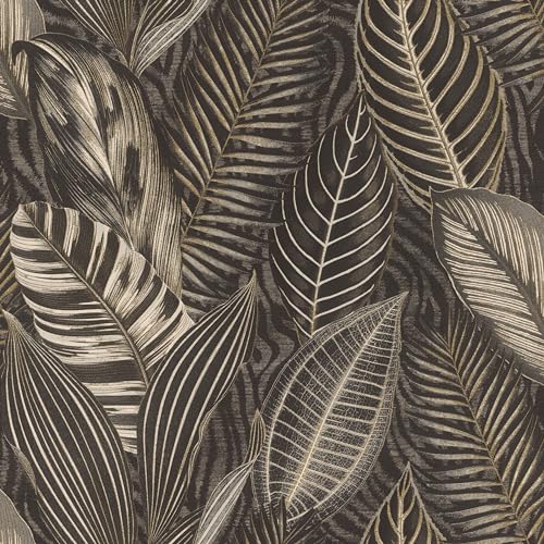 Rasch Tapete 751833 - Vliestapete mit großen Blättern in Schwarz, Grau und Gold Metallic aus der Kollektion African Queen III von Rasch