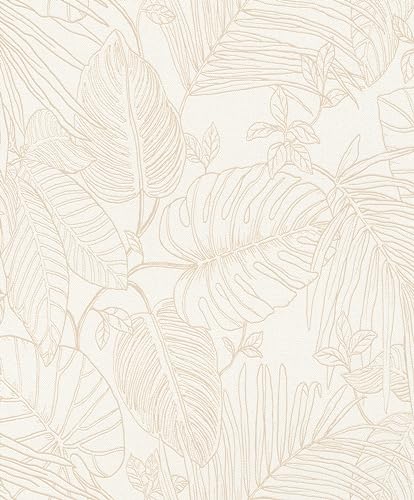 Rasch Tapete 90804 - Helle Vliestapete mit Textiloptik und großen tropischen Blättern in Beige, Monstera, Dschungeltapete - Kollektion: Color your life von Rasch