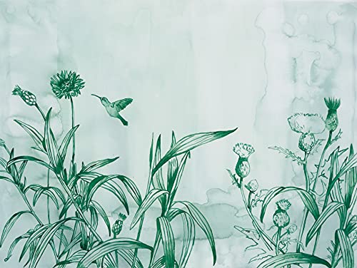 Rasch Tapeten 100471 Fototapete mit grünen Blumen und Kolibri in Aquarelloptik aus der Young Artists Kollektion – 2,80m x 3,72m (L x B) Tapete von Rasch