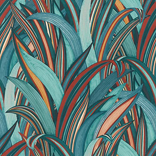 Rasch Tapeten 541250 aus der Kollektion Amazing-Vliestapete mit Blätter-Motiv in Rost-Braun, Rot und Petrol-Blau mit textiler Struktur – 10,05m x 53cm (L x B) Tapete von Rasch