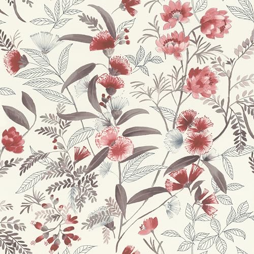 Rasch Tapeten 869118 - Vliestapete mit Blumen und Blättern in Rot, Blau, Grau und Weiß aus der Kollektion Symphony - 10,05 m x 0,53 m (LxB) von Rasch