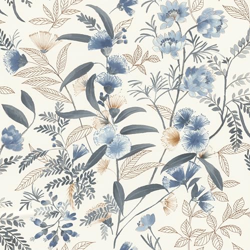 Rasch Tapeten 869125 - Vliestapete mit Blumen und Blättern in Blau, Goldgelb, Braun und Weiß aus der Kollektion Symphony - 10,05 m x 0,53 m (LxB) von Rasch
