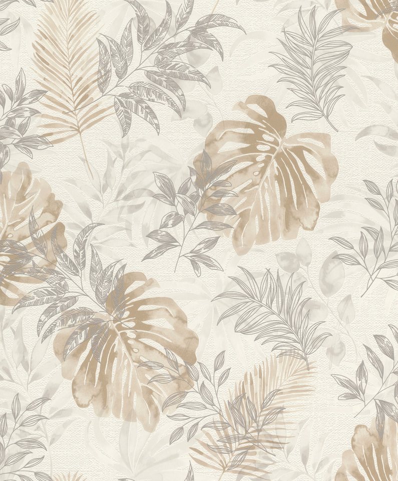 Rasch Vliestapete Monstera Blätter und Farn in Grau - my moments, strukturiert, botanisch, tropisch, gemustert, (1 St), Dschungeltapete von Rasch