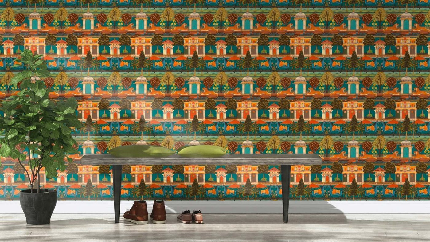 Rasch Vliestapete Orientalisch Tiere Pflanzen Petrol Orange 746211 Indian Style Rasch Vliestapete Orientalisch Tiere Pflanzen Petrol Orange 746211 Indian Style von Rasch