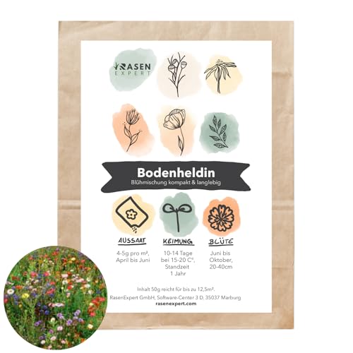 Bodenheldin: Blühmischung einjährig 50g - Insektenfreundliche Blumenmischung - Wildblumensamen für eine bunte Blumenwiese mit geringer Wuchshöhe - RasenExpert von RasenExpert
