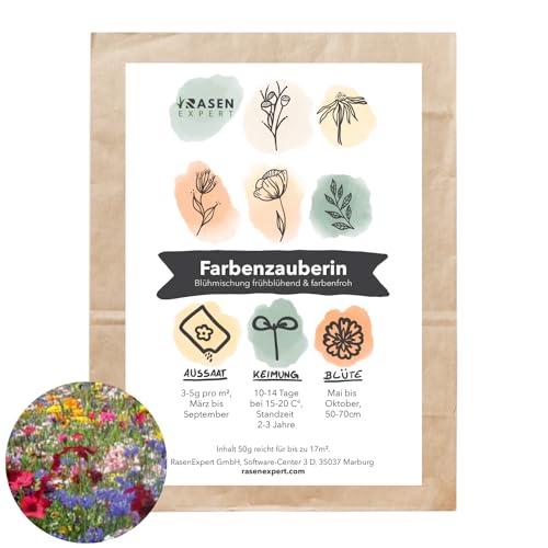 Farbenzauberin: Blühmischung mehrjährig 50g - Insektenfreundliche Blumenmischung - Wildblumensamen für eine bunte Blumenwiese mit mittlerer Wuchshöhe - RasenExpert von RasenExpert