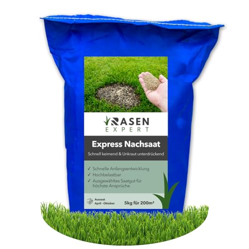 Premium Express Nachsaat Rasensamen Fläche 200m² - 5 kg - schließt besonders schnell & zuverlässig Lücken im Rasen - belastbar & dunkelgrün - Ideal für sonnenliebende Flächen von RasenExpert