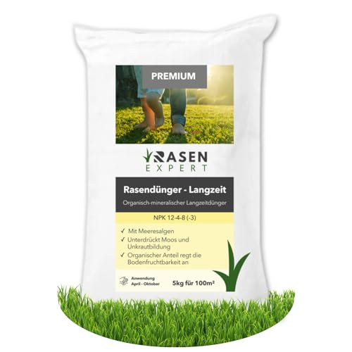 Premium Langzeitdünger Fläche 200m² - 10 kg Rasendünger - NPK Dünger mit Meeresalgen - Frühjahr bis Herbst - staubarmes Granulat geeignet für Streuwagen - fördert Bodenfruchtbarkeit von RasenExpert