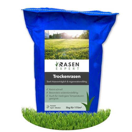 Premium Trockenrasen Rasensamen/Grasssamen & Nachsaat - 5 kg - 200m² - trockenheitsresistenter Rasen mit dichter Grasnarbe von RasenExpert