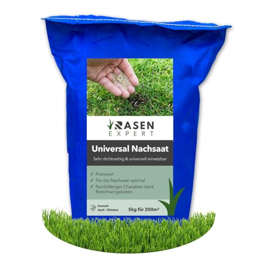 Premium Universal Nachsaat Rasensamen Grasssamen 5 kg - 200m² - feinblättiges Gras von RasenExpert