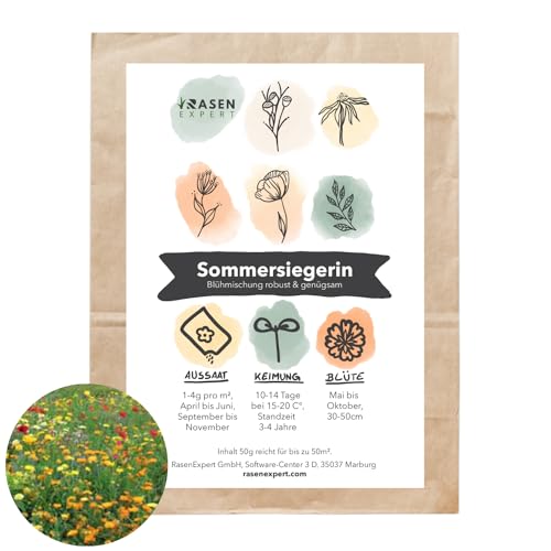 Sommersiegerin: Blühmischung mehrjährig 50g - Insektenfreundliche Blumenmischung - Wildblumensamen für eine bunte Blumenwiese mit mittlerer Wuchshöhe - RasenExpert von RasenExpert