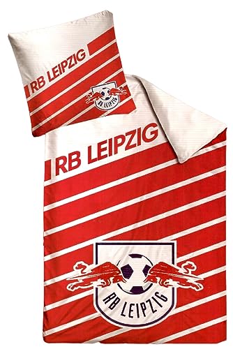 RB Leipzig Bettwäsche - Stripe - rot-weiß gestreift 2-teilig (Kissen/Bezug) 135 x 200 cm - Plus Lesezeichen Wir lieben Fußball von Rasenballsport Leipzig