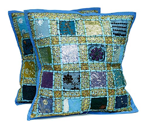 2 Blue Embroidery Sequin Patchwork Indian Sari Throw Pillow Cases Cushion Covers by Krishna Mart India von Rastogi handicrafts