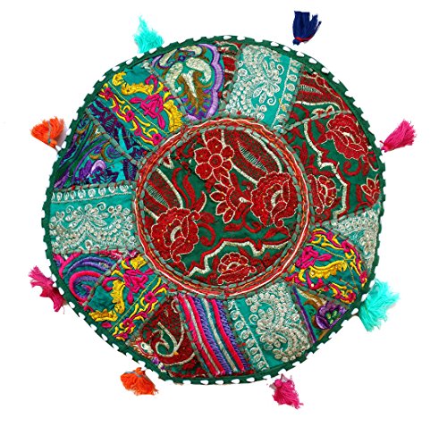 RASTOGI Kunsthandwerk Baumwolle – Old Sari Patch Work Kissen für – Indian Pouf Bio Decor Kissen Cover Runde Kreis 43,2 cm dunkelgrün von Rastogi handicrafts