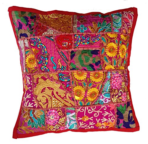 RASTOGI Kunsthandwerk handgemachtes Patchwork Kissen Kissen, Sari Patch Überwurf Kissen indischen ethnischen Kissenbezug bestickt Sari Patchwork Kissenbezug, Textil, kastanienbraun, 40 x 40 cm von Rastogi handicrafts