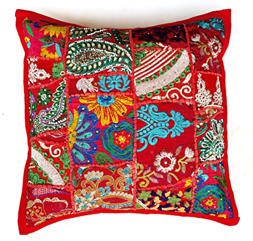 Rastogi Handicrafts Handgefertigtes Patchwork-Kissen, Sari-Patchwork-Kissen, indisch, ethnisch, bestickt, Sari-Patchwork-Kissenbezug, Rot von Rastogi handicrafts