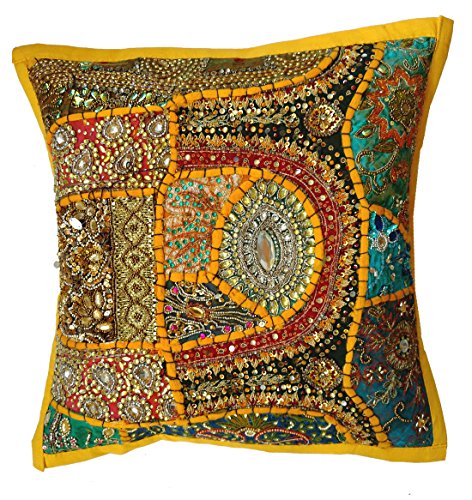 Rastogi Handicrafts Dekorativer Kissenbezug aus Baumwolle, bestickt, Patchwork-Kissen, indisch, traditionell, handgefertigt, Gelb von Rastogi handicrafts