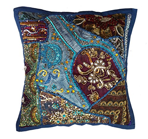 Rastogi Handicrafts Dekorativer Kissenbezug aus Baumwolle, bestickt, Patchwork-Kissen, indisch, traditionell, handgefertigt, dunkelblau von Rastogi handicrafts