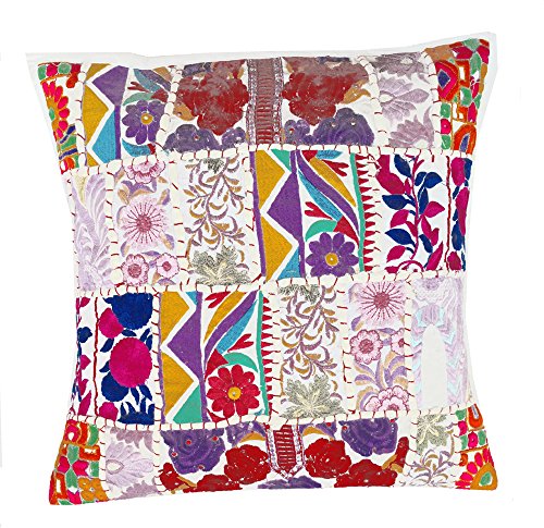 Rastogi Handicrafts Handgefertigtes Patchwork-Kissen, Sari-Patchwork-Kissen, indisch, ethnisch, bestickt, Sari-Patchwork-Kissenbezug, Weiß von Rastogi handicrafts