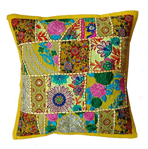 Rastogi Handicrafts Handgefertigtes Patchwork-Kissen, Sari-Patchwork-Kissen, indisch, ethnisch, bestickt, Sari-Patchwork-Kissenbezug (gelb) von Rastogi handicrafts