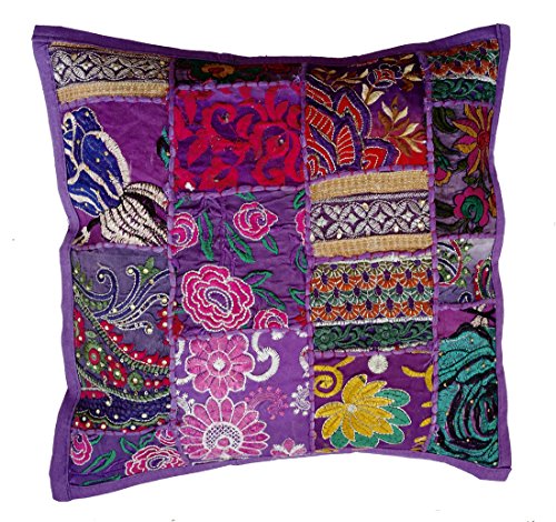 Rastogi Handicrafts Handgefertigtes Patchwork-Kissen, Sari-Patchwork-Kissen, indisch, ethnisch, bestickt, Sari-Patchwork-Kissenbezug (lila) von Rastogi handicrafts