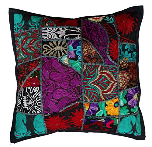 Rastogi Handicrafts Handgefertigtes Patchwork-Kissen, Sari-Patchwork-Kissen, indisch, ethnisch, bestickt, Sari-Patchwork-Kissenbezug (schwarz) von Rastogi handicrafts
