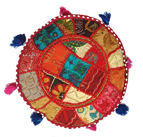Rastogi Kunsthandwerk Baumwolle – Old Sari Patch Work Kissen für – Indian Pouf Bio Decor Kissen Cover Runde Kreis 43,2 cm kastanienbraun von Rastogi handicrafts