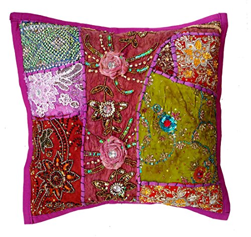 Rastogi Kunsthandwerk dekorativer Überwurf-Kissen, Bestickt Baumwolle Kissenbezug Patchwork Kissen, traditionelle indische Handarbeit Kissenbezug, Textil, Queen Color, 40 x 40 cm von Rastogi handicrafts