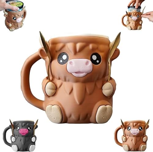 Highland Cow Ice Pint Halter, 3D-gedrucktes Leckdosenbier Mit Anti-Frost-Griff Mit AntiFreez-Griff Und 2 Löffeln, Leckeres EisAm Stiel Gemütlichen Bier, Highland Cowliebhaber Geschenke von Ratpzou
