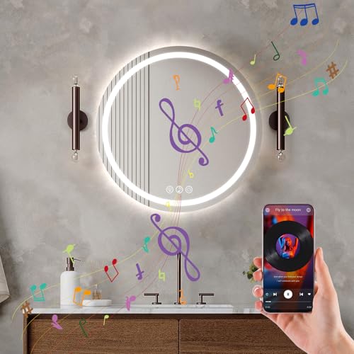 Ratsamee Bluetooth Badezimmerspiegel mit Beleuchtung, 50cm Runder Spiegel mit Beleuchtung, Wandspiegel mit Frontbeleuchtung, Antibeschlagfunktion, Dimmbar, mit 3 Einstellbaren Lichtfarben von Ratsamee