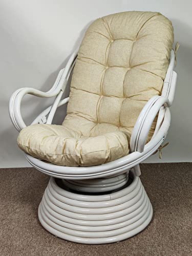 Rattan Drehsessel, Drehwippsessel Linda Weiß Lackiert inkl. hochwertigen Polster beige von Rattani