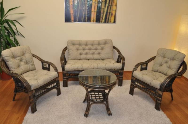 Rattani Rattanstuhl Rattangarnitur Rattangruppe Rio Rattansessel Sofa Rattantisch, Rattangarnitur mit Sofa, Sessel, Tisch und hochwertigen Kissen von Rattani