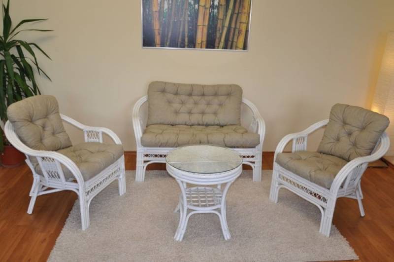 Rattani Rattanstuhl Rattangarnitur Rattangruppe Rio Rattansessel Sofa Rattantisch, Rattangarnitur mit Sofa, Sessel, Tisch und hochwertigen Kissen von Rattani
