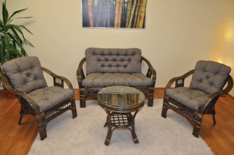 Rattani Rattanstuhl Rattangarnitur Rattangruppe Rio Rattansessel Sofa Rattantisch, Rattangarnitur mit Sofa, Sessel, Tisch und hochwertigen Kissen von Rattani