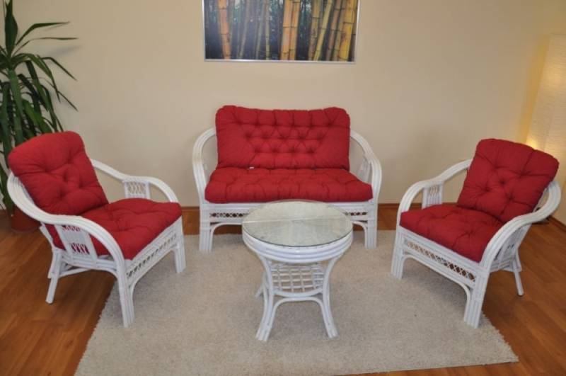 Rattani Rattanstuhl Rattangarnitur Rattangruppe Rio Rattansessel Sofa Rattantisch, Rattangarnitur mit Sofa, Sessel, Tisch und hochwertigen Kissen von Rattani