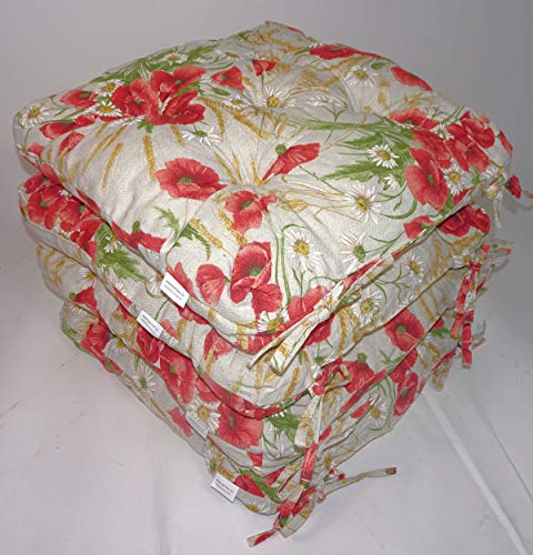 Rattani Set 4 x Stuhlkissen/Sitzkissen Klara 42 x 42 cm Dicke 8 cm, Stoff Mirha Leinen Mohnblume von Rattani